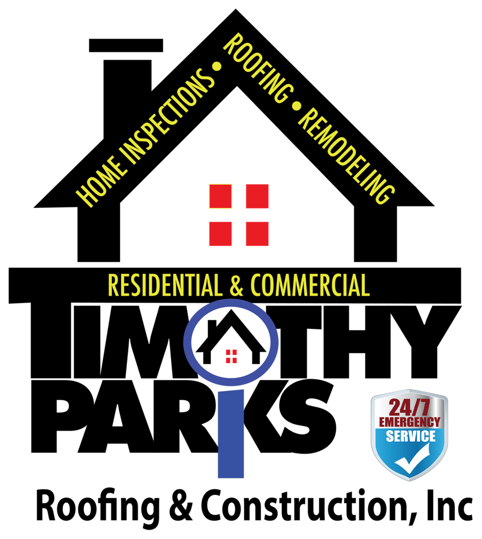 Timothy Parks Roofing & Construction Inc. logo featuring a house silhouette with the text 'Home Inspections, Roofing, Remodeling' and 'Residential & Commercial' with a magnifying glass over the word 'Timothy' and a 24/7 Emergency Service shield.