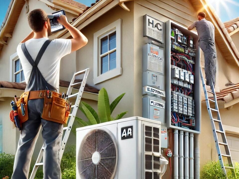 Home inspector conducting a 4 point inspection on HVAC, electrical, plumbing, and roof systems in Florida