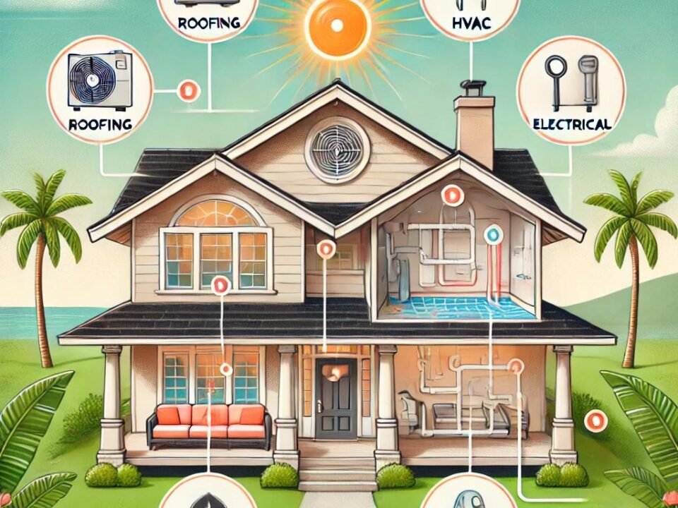 Illustration of a 4-point home inspection for an older Florida home, highlighting roofing, HVAC, electrical, and plumbing systems