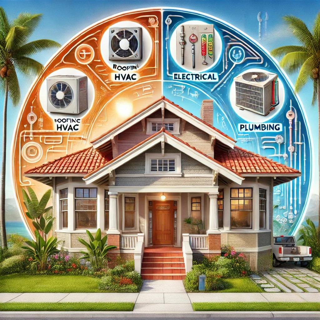 Visual representation of a Florida home with key areas labeled for a 4-point inspection: roof, HVAC, electrical, and plumbing