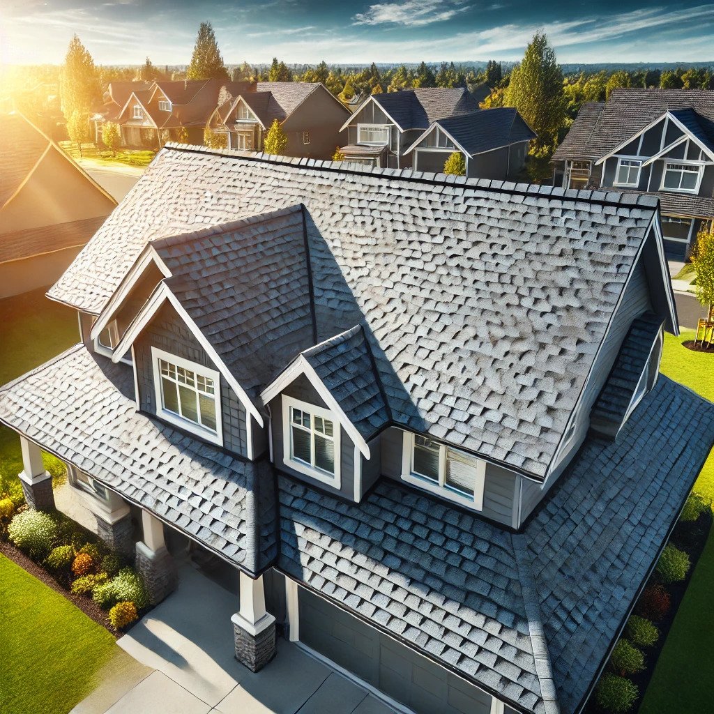 Close-up view of an asphalt shingle roof on a house, showcasing the texture and detail of the shingles with a green yard in the background.