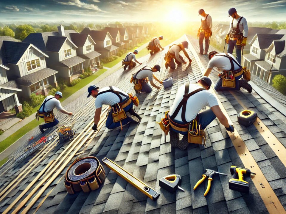 Team of roofers installing shingles with tools, sunny neighborhood in the background.