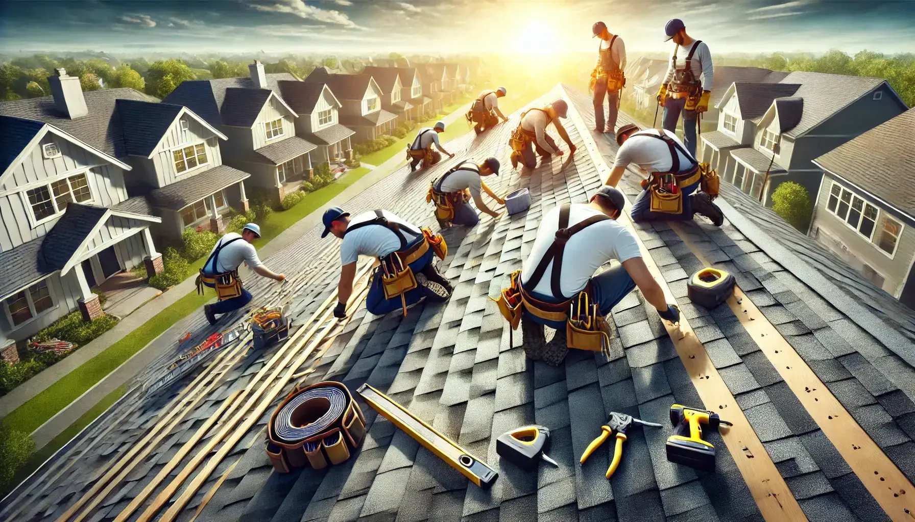 Team of roofers installing shingles with tools, sunny neighborhood in the background.
