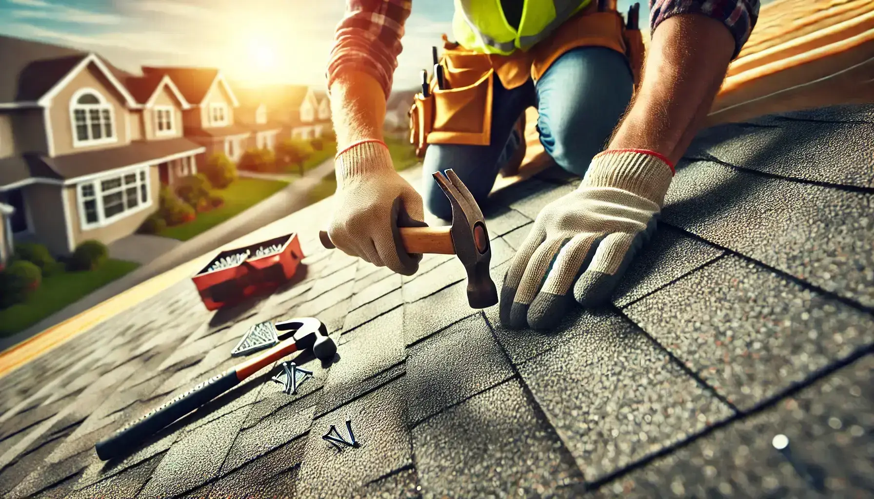 Worker’s hands installing shingles on a roof with tools and gloves, suburban background blurred.