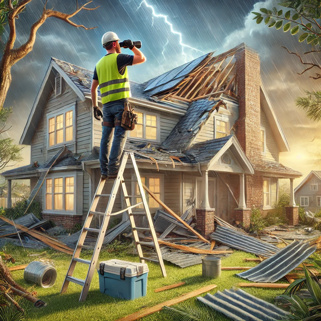 A safety inspector in a reflective vest and hard hat examines the roof using binoculars, with a ladder propped against the house.