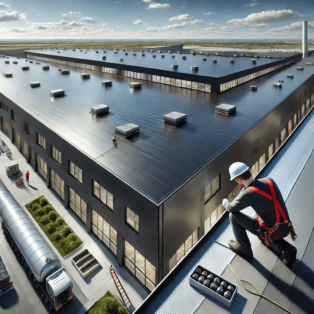 Detailed EPDM roofing installation on a modern industrial building, highlighting a seamless black rubber membrane with a professional roofer inspecting edges under a partly cloudy sky