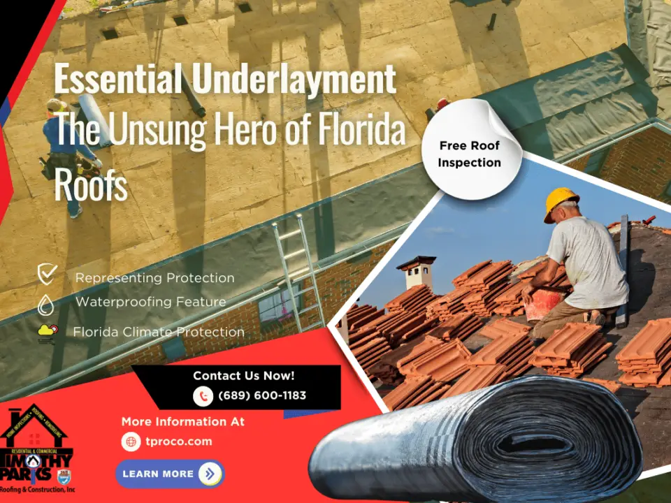 Contractor installing a waterproof underlayment layer on a Florida roof