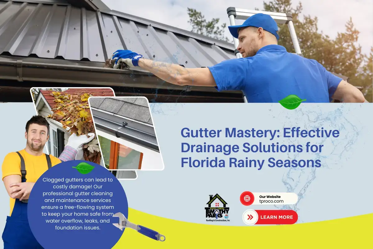 A well-maintained gutter system on a Florida house, ensuring proper water drainage during heavy rain - Timothy Parks Roofing & Construction Inc A well-maintained gutter system on a Florida house, ensuring proper water drainage during heavy rain