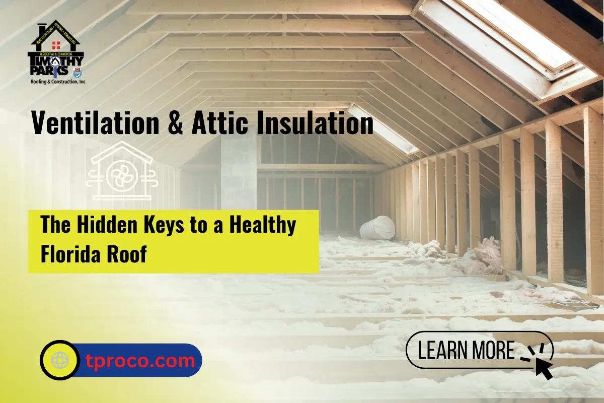 A well-insulated attic in a Florida home, showcasing vented soffits and sufficient insulation for roof longevity - Timothy Parks Roofing & Construction Inc A well-insulated attic in a Florida home, showcasing vented soffits and sufficient insulation for roof longevity