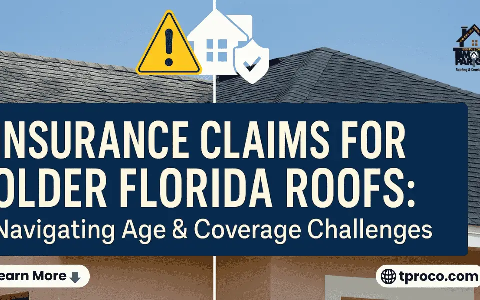 A 20+ year old Florida roof showing curling shingles and worn granules before filing an insurance claim.