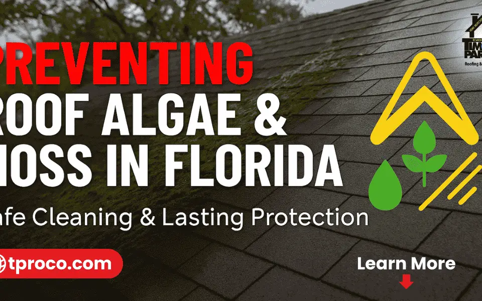 A Florida asphalt roof showing dark algae streaks and green moss patches before cleaning.