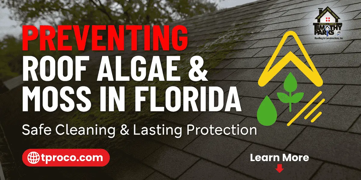 A Florida asphalt roof showing dark algae streaks and green moss patches before cleaning.