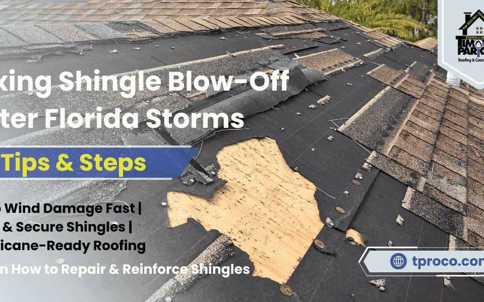 A Florida asphalt roof with a patch of missing shingles, exposing the underlayment post-storm.
