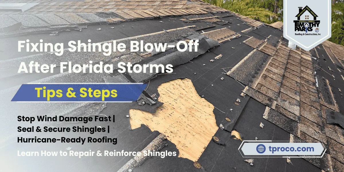 A Florida asphalt roof with a patch of missing shingles, exposing the underlayment post-storm.