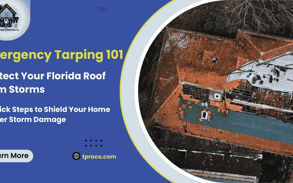 A Florida homeowner carefully fastening a tarp over missing shingles to avoid water intrusion after a major storm.