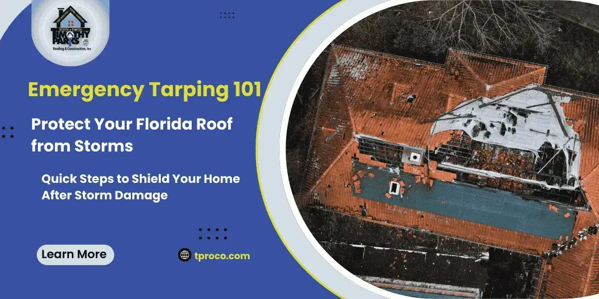 A Florida homeowner carefully fastening a tarp over missing shingles to avoid water intrusion after a major storm.