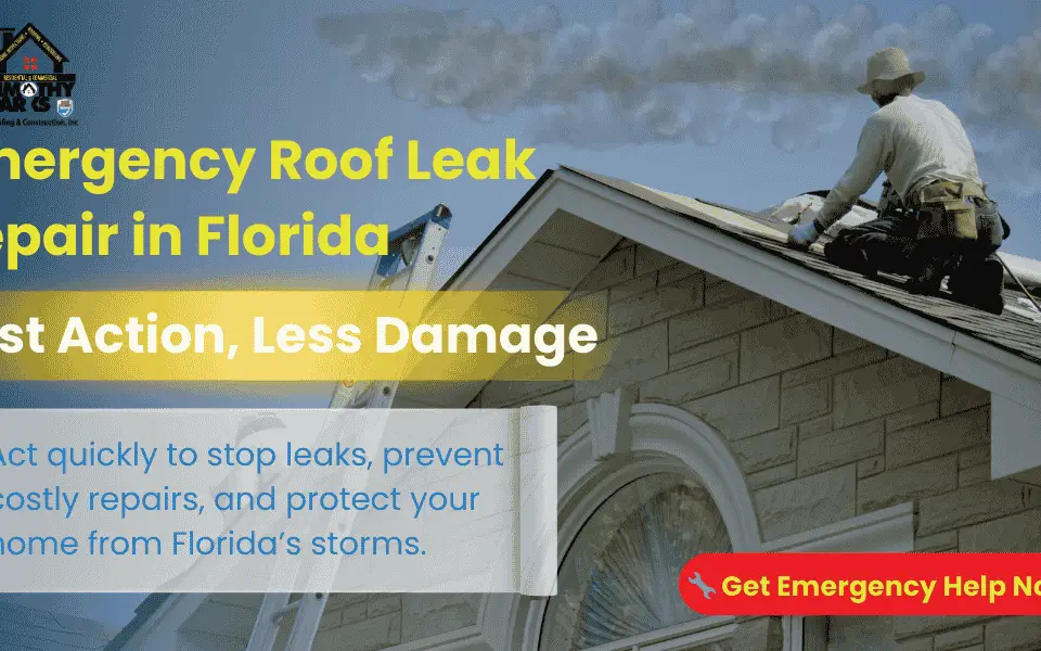 A Florida homeowner quickly tarping a shingle roof under stormy skies to prevent further water damage.