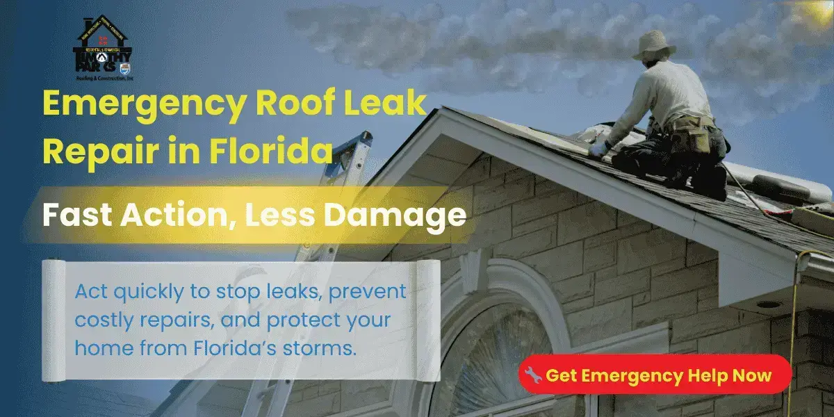 A Florida homeowner quickly tarping a shingle roof under stormy skies to prevent further water damage.