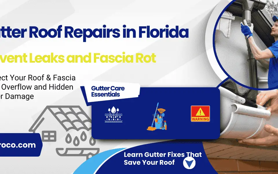 A Florida homeowner’s gutter spilling water back under shingles, risking fascia and deck damage.