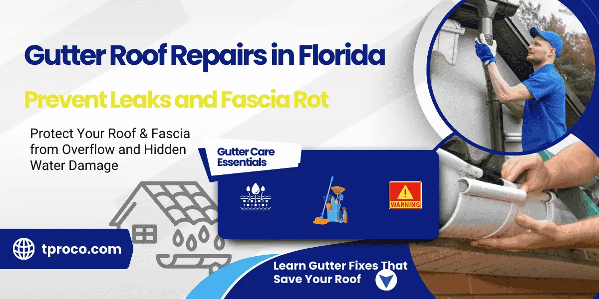 A Florida homeowner’s gutter spilling water back under shingles, risking fascia and deck damage.