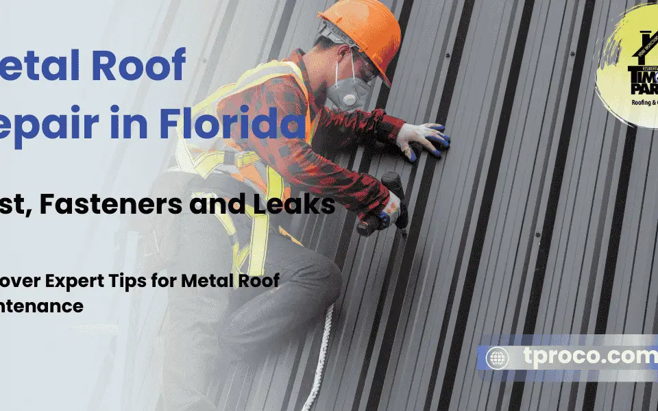 A Florida roofer removing rust spots and tightening screws on a metal roof to stop leaks and improve storm resilience.