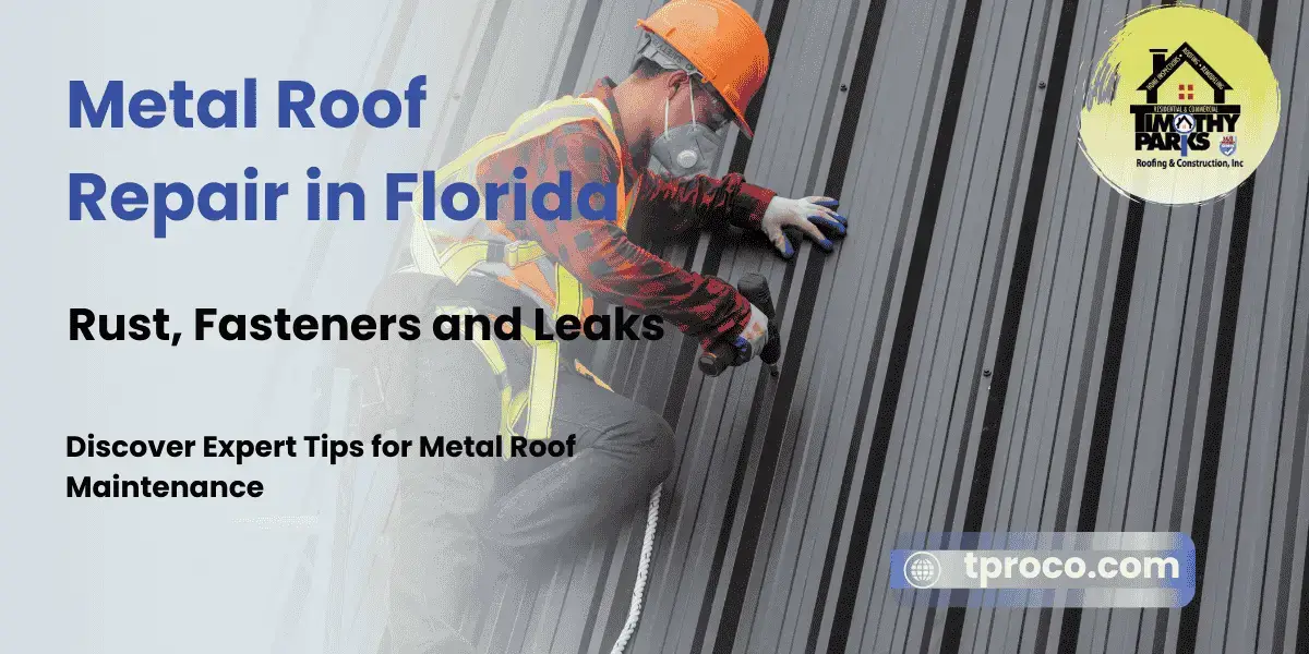 A Florida roofer removing rust spots and tightening screws on a metal roof to stop leaks and improve storm resilience.
