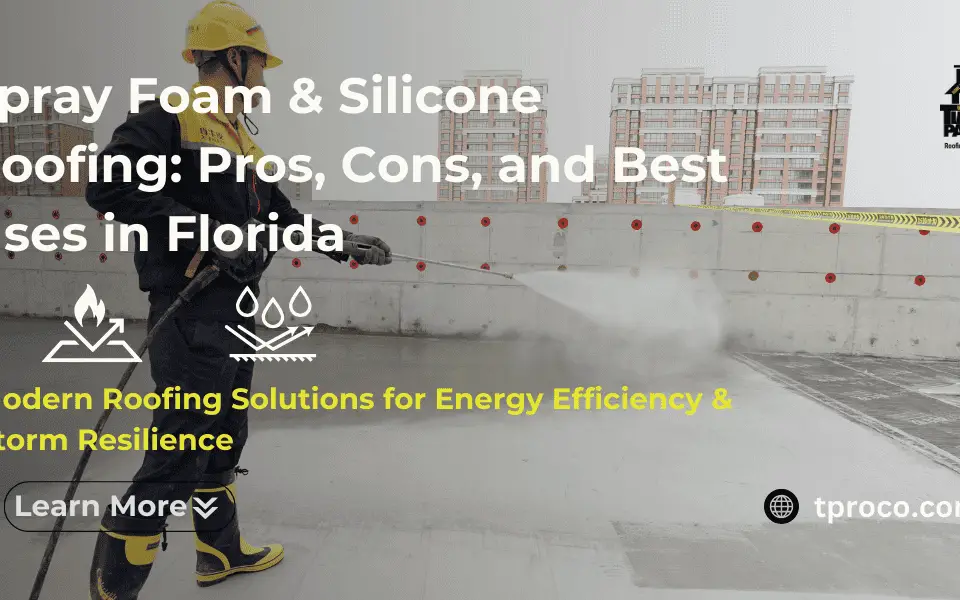 A Florida roofing contractor installing spray foam roofing and sealing it with a silicone topcoat on a commercial flat roof.