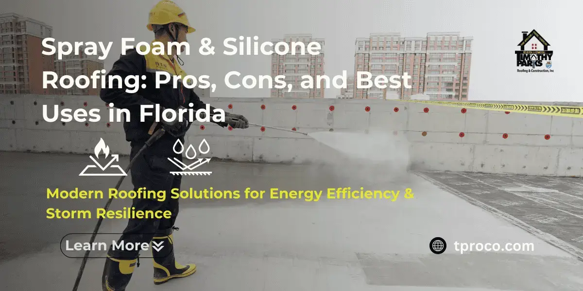 A Florida roofing contractor installing spray foam roofing and sealing it with a silicone topcoat on a commercial flat roof.