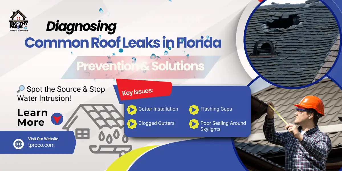 A Florida roofing professional locating a water intrusion point near roof flashing during an inspection.