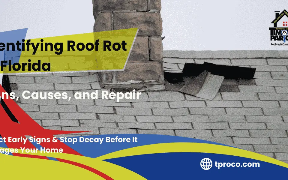 A close-up of rotted plywood in a Florida roof, showing dark patches and weakened texture due to high humidity.