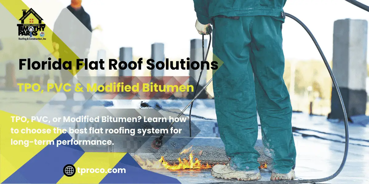 A commercial building in Florida showcasing a bright white TPO membrane for heat reflection and waterproofing - Timothy Parks Roofing & Construction Inc A commercial building in Florida showcasing a bright white TPO membrane for heat reflection and waterproofing.