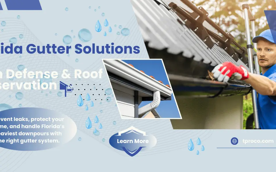 A seamless aluminum gutter on a Florida home, sized to handle heavy rainflow and prevent roof damage.