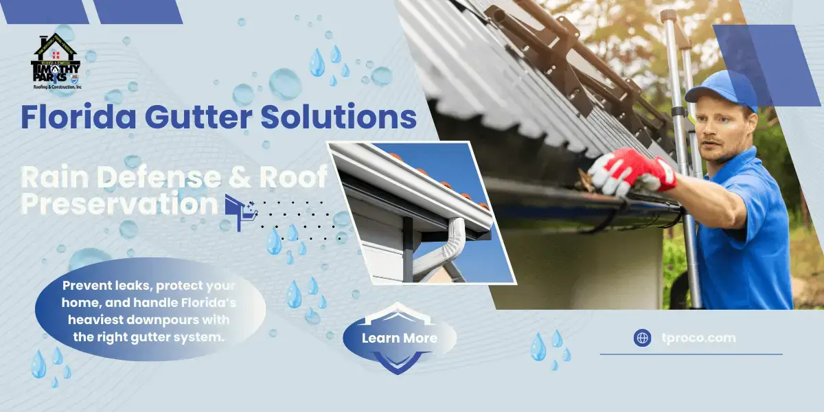 A seamless aluminum gutter on a Florida home, sized to handle heavy rainflow and prevent roof damage.