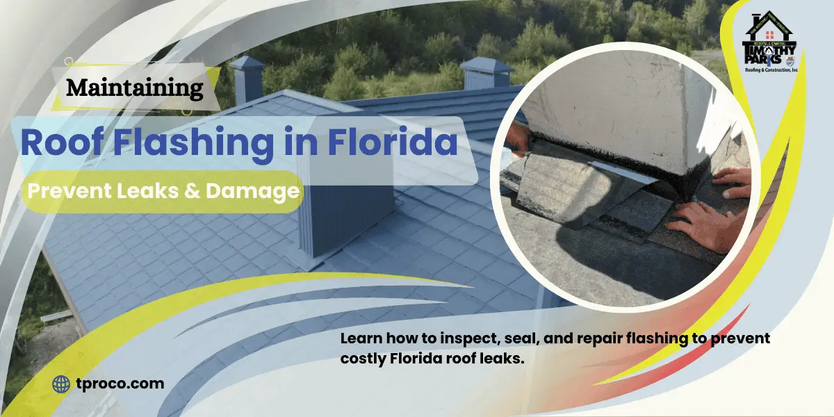 Close-up of properly installed metal flashing around a chimney on a Florida rooftop to prevent water intrusion.