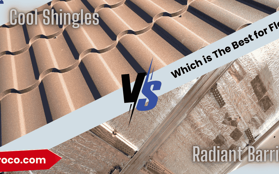 Comparison of energy-efficient shingles and a radiant barrier material, highlighting two ways to reduce attic heat in Florida.