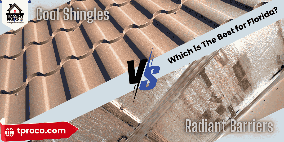 Comparison of energy-efficient shingles and a radiant barrier material, highlighting two ways to reduce attic heat in Florida.