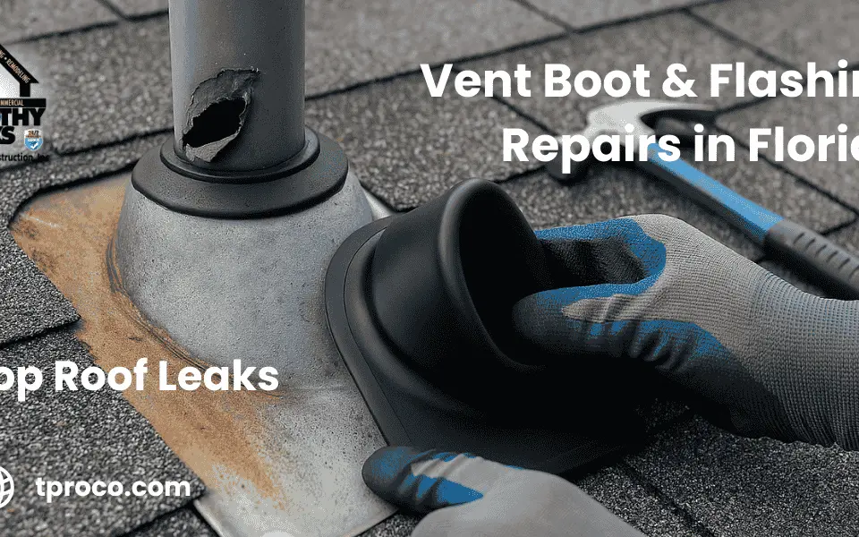 Close-up of a Florida roof vent with a newly installed neoprene boot and freshly sealed flashing, ready to resist heavy rain.
