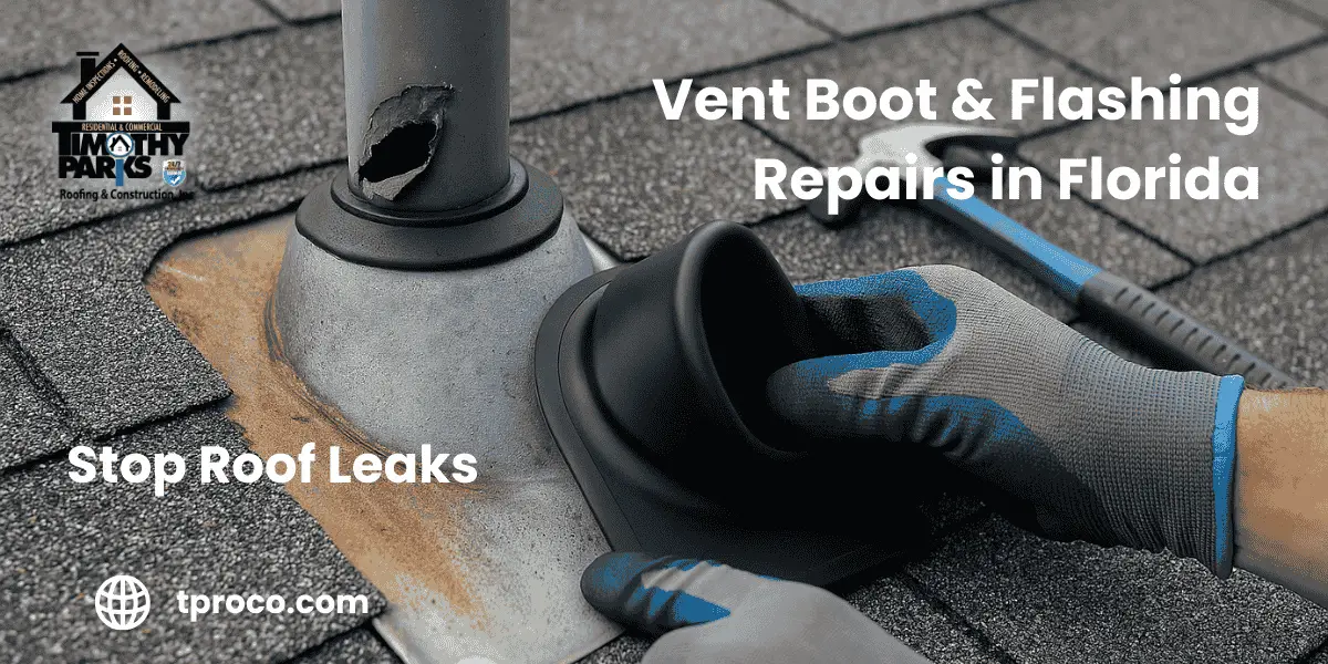 Close-up of a Florida roof vent with a newly installed neoprene boot and freshly sealed flashing, ready to resist heavy rain.