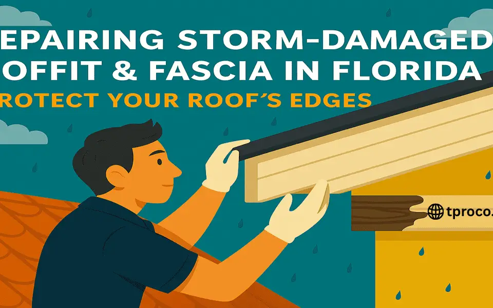 Florida roof edge repaired with new soffit panels and freshly painted fascia, ready to withstand future storms.