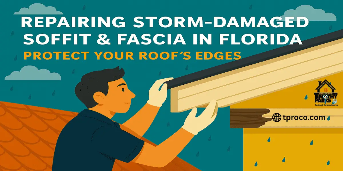 Florida roof edge repaired with new soffit panels and freshly painted fascia, ready to withstand future storms.