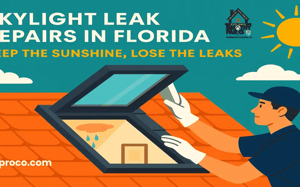 Florida skylight repaired with fresh flashing and new seals, preventing water leaks while letting sunlight brighten the room.