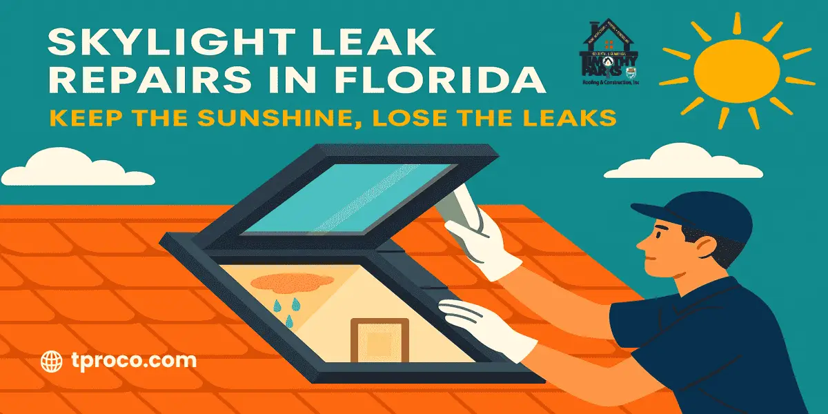 Florida skylight repaired with fresh flashing and new seals, preventing water leaks while letting sunlight brighten the room.