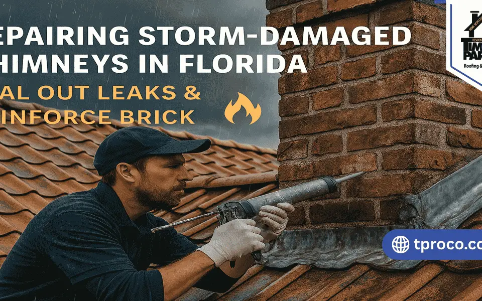 Repaired Florida chimney with sealed mortar joints and new flashing, ready to withstand heavy rain and high winds.