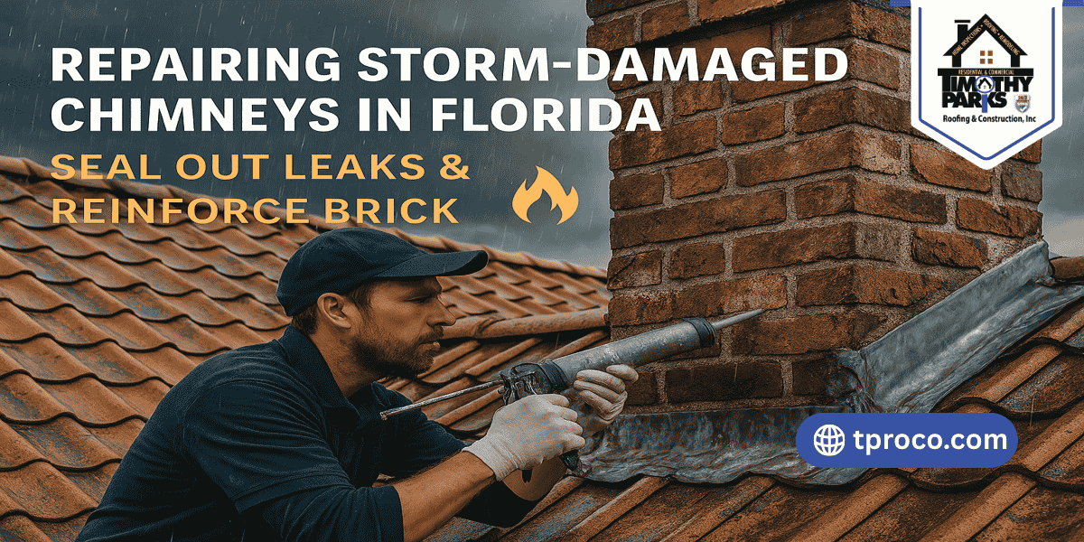 Repaired Florida chimney with sealed mortar joints and new flashing, ready to withstand heavy rain and high winds.