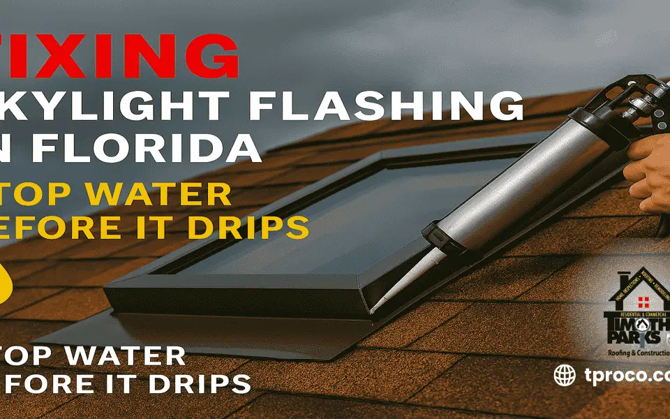 Repaired Florida skylight with properly sealed and shingle-integrated flashing, ensuring no leaks during heavy rain.