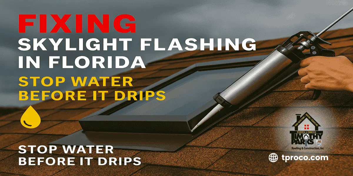 Repaired Florida skylight with properly sealed and shingle-integrated flashing, ensuring no leaks during heavy rain.