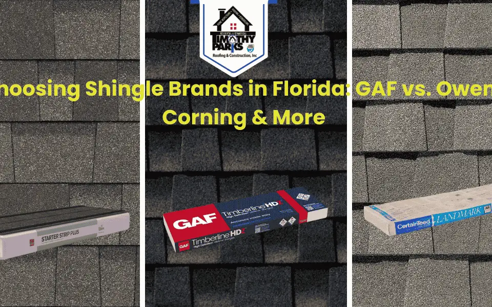 Side-by-side comparison of GAF and Owens Corning shingles, highlighting durability and storm resistance for Florida roofs.