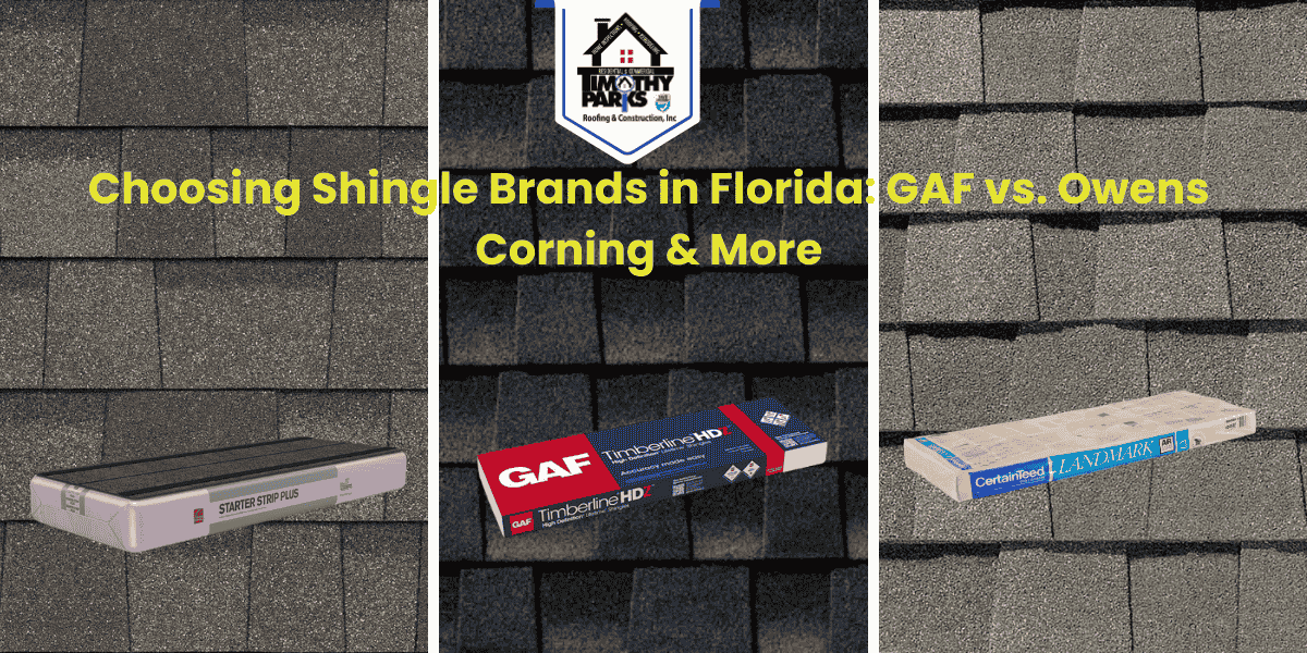 Side-by-side comparison of GAF and Owens Corning shingles, highlighting durability and storm resistance for Florida roofs.