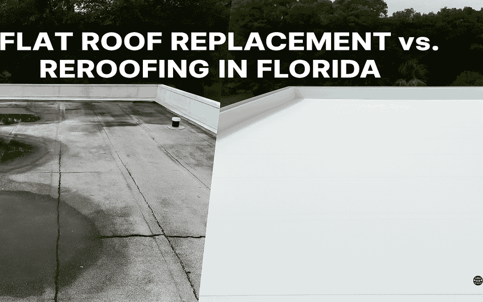 Florida commercial flat roof upgraded from cracked membrane to new TPO system with improved drainage and leak protection.