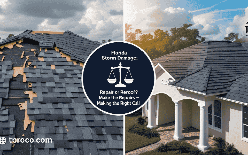 A storm-damaged Florida asphalt shingle roof showing torn areas before full reroofing, followed by a fully restored, sealed roof ready for hurricane season.